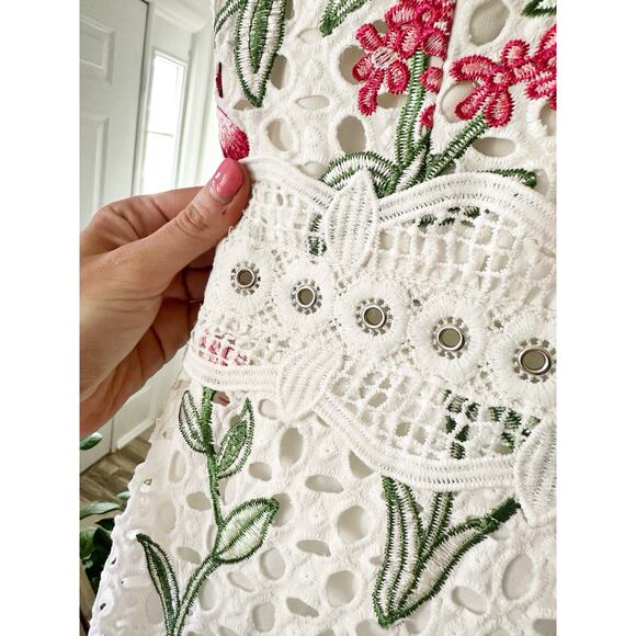 $750 PatBo Size Medium White Eyelet Floral Embroidery Asymmetrical Ruffle Midi - Picture 5 of 8